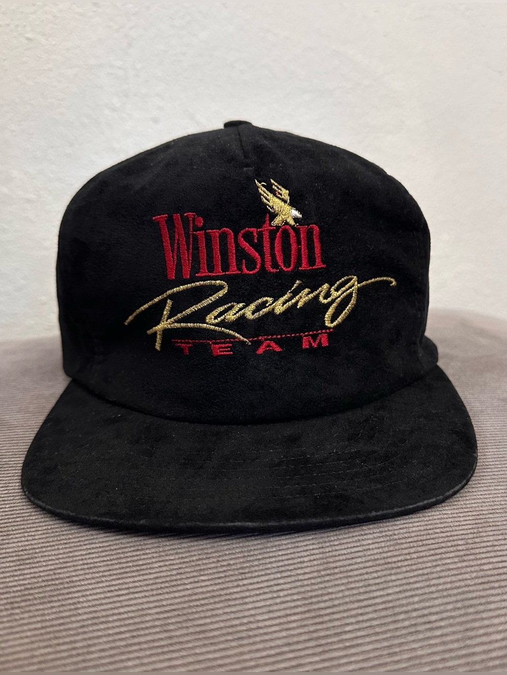 Vtg 90s Winston Racing Team Velvet Suede Embroidered Snapback Hat Black Red
